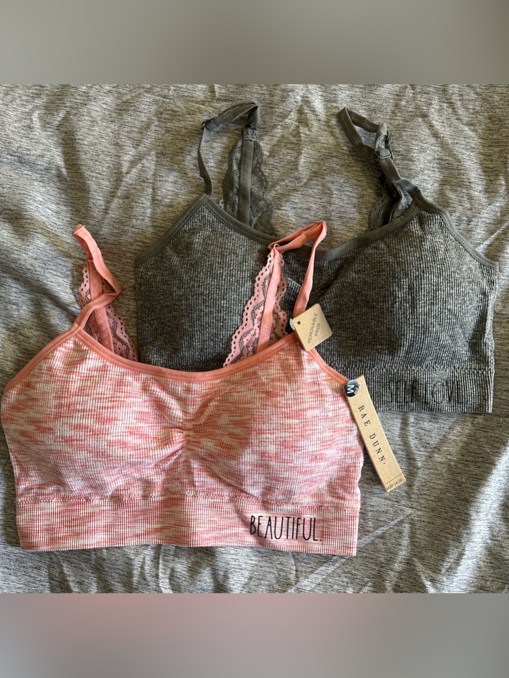 Rae Dunn Pink & Gray Ribbed Bralettes with Lace Trim size medium NWT